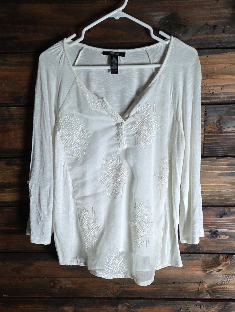 Style & Co Cream White Embroidered V-Neck Peasants Women’s Top Petite Medium